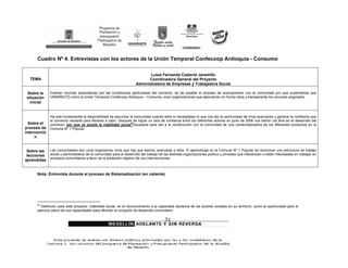 Cuadro Nº 4. Entrevistas con los actores de la Unión Temporal Confecoop Antioquía - Consumo

                                                                            Luisa Fernanda Cadavid Jaramillo
  TEMA                                                                     Coordinadora General del Proyecto
                                                                     Administradora de Empresas y Trabajadora Social

Sobre la      Existían muchas expectativas por las condiciones particulares del convenio; es de resaltar el proceso de acercamiento con la comunidad por que sustentarles que
situación     UNIMINUTO como la Unión Temporal Confecoop Antioquia – Consumo, eran organizaciones que ejecutarían en forma clara y transparente los recursos asignados.
  inicial


              Ha sido fundamental la disponibilidad de escuchar la comunidad cuando ellos lo necesitaban lo que nos dio la oportunidad de irnos acercando y generar la confianza que
              el convenio necesita para llevarse a cabo. Después de lograr un lazo de confianza entre los diferentes actores en junio de 2006 nos dieron vía libre en el desarrollo del
  Sobre el                                                       20
              convenio, por que ya existía la viabilidad social necesaria para dar a la construcción con la comunidad de una comercializadora de los diferentes productos en la
proceso de    Comuna Nº 1 Popular.
intervenció
     n


 Sobre las    Las comunidades son unos organismos vivos que hay que leerlos, acercarse a ellos. El aprendizaje en la Comuna Nº 1 Popular es reconocer una estructura de trabajo
 lecciones    social y administrativa de la comunidad para el desarrollo del trabajo de las distintas organizaciones público y privadas que interactúan o están interesadas en trabajar en
              procesos comunitarios a favor de la población objetivo de sus intervenciones.
aprendidas


      Nota: Entrevista durante el proceso de Sistematización (en caliente)




      20
        Definición para este proyecto: Viabilidad social, es el reconocimiento a la capacidad decisoria de los actores sociales en su territorio, como la oportunidad para el
      ejercicio pleno de sus capacidades para afrontar un proyecto de desarrollo comunitario.

                                                                                        31
 