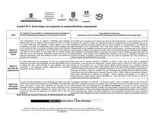 Cuadro Nº 5. Entrevistas con expertos en emprendimiento empresarial

               Dr. Grabriela Torres de Marín. Coordinadora Grupo Investigación.                                             Diego Alejandro Cañaveral
   TEMA        Estudios Empresariales Categoría A Conciencias Colina S.A.                         Coordinador Centro de Desarrollo Empresarial Zonal CEDEZO Santo Domingo Savio


               Una organización no es un negocio o estrategia para conseguir             El CEDEZO es un programa de la alcaldía que nació en esta administración. Lo que pretende es con todo
               riqueza, pero no es un negocio, entonces cuando uno mira a un joven       el proyecto de cultural E; somos una partecita de todos los programas que se han diseñado que es un
               y le dice usted tiene que aprender a hacer negocio, no le esta            programa en particular que esta enfocado más a lo que es el apoyo a la microempresa, a la empresa de
               enseñando a construir una organización social; si bien el objetivo real   baja tecnología en los componentes tanto como para apoyo a la creación de empresa, como el
               es el económico pero no se genera empresa simplemente haciendo            fortalecimiento de las unidades económicas que se dan en los territorios, se piensa crear ocho en toda la
 Sobre la      negocios por que no necesitarían si no la producción y las personas       ciudad porque el objetivo del programa es poder llevar a las diferentes personas preferiblemente aquellas
 situación     que tienen el conocimiento; es de resaltar que se manejan teorías         mas vulnerables o necesitadas todos los programas que hayan a nivel de ciudad que apoyen esta parte de
               para ello, por lo cual necesitan relacionarse y tienen que tener una      emprendimiento, tanto creación como fortalecimiento, entonces es así como el organismo articulador de
   inicial
               estructura relacional y tener unas políticas, es decir, una cantidad de   todas las iniciativas, programas y proyectos que a nivel de ciudad se desarrollen con miras a fortalecer y
               requisitos tan complejos.                                                 apoyar la parte del emprendimiento en la ciudad.

               Si usted decide pero esta cometiendo un error muy grande porque           Mira ahora es un proceso nosotros el CEDEZO, ya lleva un poco más de dos años el programa
               usted tiene que formar emprendedores, por esto hago énfasis en que        funcionando y casi dos años de construcción continua porque, igual la meta de la visión que se tiene,
               a finales del siglo, debe formarse no para aprender sino para             siempre es muy grande y en el momento hemos logrado articular algunos en el momento venimos
  Sobre el     emprender y se emprende creando organizaciones productivas,               trabajando con la red de micro crédito, capital semilla, banco de las oportunidades, Medellín Mi Empresa, la
 proceso de    educativas, de salud, deporte, etc.                                       parte de Programa de Planeación y Presupuesto Participativo, es como lo que mas hemos logrado enlazar,
intervención                                                                             ya la idea es construir y lograr un modelo en el cual, nos permita ese encadenamiento de todas las demás
                                                                                         instituciones como las Instituciones de Educación Superior (IES), el SENA, cajas de compensación familiar,
                                                                                         entre otras instituciones de públicas y/o privadas. Hemos logrado la articulación en el apoyo al
                                                                                         emprendimiento, al igual quedan muchas actividades por fuera que están en ese proceso de cual es el
                                                                                         modelo para poder hacer la articulación.

               El punto de vista sociológico en una estrategia para lograr que más       Complicada inicialmente el CEDEZO y lo decimos porque a sido la realidad, pues en sus inicios fue
 Sobre las     dinero circule frente a los proyectos, es una estrategia muy importante   demasiado complicado, porque es un proyecto nuevo que nadie conoce, es un proyecto público a lo cual la
               tanto como para el micro pero finalmente las convierte en una             gente siempre tiene una resistencia por que nunca a funcionado, no se cree. Es con un proceso de
 lecciones     estrategia informal. Simplemente yo llamo mucho la atención de que        sensibilización de mostrar resultados de llegar a las comunidades, mostrar que es lo que se hace y mostrar
aprendidas     los fines no se sacrifiquen poniendo los medios como fines. Los           algunos beneficios, a estas comunidades se les debe realizar un acompañamiento lograrlo con el CEDEZO,
               medios son para que las personas los alcancen todo lo que han             en los programas que ofrece y así poder entrarnos ya a la comunidad en general, eso a sido el proceso
               planeado.                                                                 que hemos venido trabajando, en estos momentos en los ocho CEDEZOS, al igual son procesos continuos.
          Nota: Entrevista durante el proceso de Sistematización (en caliente)

                                                                                             32
 