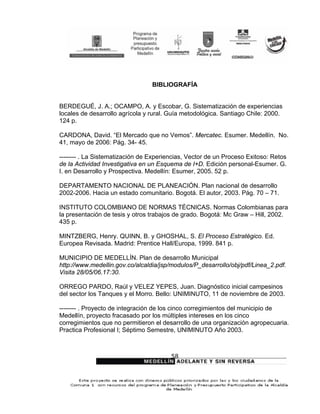 BIBLIOGRAFÍA


BERDEGUÉ, J. A.; OCAMPO, A. y Escobar, G. Sistematización de experiencias
locales de desarrollo agrícola y rural. Guía metodológica. Santiago Chile: 2000.
124 p.

CARDONA, David. “El Mercado que no Vemos”. Mercatec. Esumer. Medellín. No.
41, mayo de 2006: Pág. 34- 45.

-------- . La Sistematización de Experiencias, Vector de un Proceso Exitoso: Retos
de la Actividad Investigativa en un Esquema de I+D. Edición personal-Esumer. G.
I. en Desarrollo y Prospectiva. Medellín: Esumer, 2005. 52 p.

DEPARTAMENTO NACIONAL DE PLANEACIÓN. Plan nacional de desarrollo
2002-2006. Hacia un estado comunitario. Bogotá. El autor, 2003. Pág. 70 – 71.

INSTITUTO COLOMBIANO DE NORMAS TÉCNICAS. Normas Colombianas para
la presentación de tesis y otros trabajos de grado. Bogotá: Mc Graw – Hill, 2002.
435 p.

MINTZBERG, Henry. QUINN, B. y GHOSHAL, S. El Proceso Estratégico. Ed.
Europea Revisada. Madrid: Prentice Hall/Europa, 1999. 841 p.

MUNICIPIO DE MEDELLÍN. Plan de desarrollo Municipal
http://www.medellin.gov.co/alcaldia/jsp/modulos/P_desarrollo/obj/pdf/Linea_2.pdf.
Visita 28/05/06.17:30.

ORREGO PARDO, Raúl y VELEZ YEPES, Juan. Diagnóstico inicial campesinos
del sector los Tanques y el Morro. Bello: UNIMINUTO, 11 de noviembre de 2003.

-------- . Proyecto de integración de los cinco corregimientos del municipio de
Medellín, proyecto fracasado por los múltiples intereses en los cinco
corregimientos que no permitieron el desarrollo de una organización agropecuaria.
Practica Profesional I; Séptimo Semestre, UNIMINUTO Año 2003.



                                        58
 