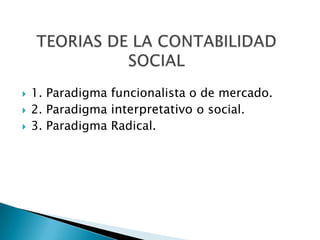 TEORIAS DE LA CONTABILIDAD SOCIAL1. Paradigma funcionalista o de mercado.2. Paradigma interpretativo o social.3. Paradigma Radical.