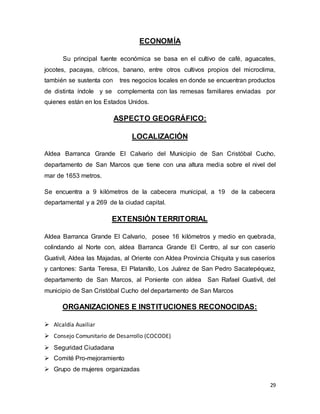 29
ECONOMÍA
Su principal fuente económica se basa en el cultivo de café, aguacates,
jocotes, pacayas, cítricos, banano, entre otros cultivos propios del microclima,
también se sustenta con tres negocios locales en donde se encuentran productos
de distinta índole y se complementa con las remesas familiares enviadas por
quienes están en los Estados Unidos.
ASPECTO GEOGRÁFICO:
LOCALIZACIÓN
Aldea Barranca Grande El Calvario del Municipio de San Cristóbal Cucho,
departamento de San Marcos que tiene con una altura media sobre el nivel del
mar de 1653 metros.
Se encuentra a 9 kilómetros de la cabecera municipal, a 19 de la cabecera
departamental y a 269 de la ciudad capital.
EXTENSIÓN TERRITORIAL
Aldea Barranca Grande El Calvario, posee 16 kilómetros y medio en quebrada,
colindando al Norte con, aldea Barranca Grande El Centro, al sur con caserío
Guativíl, Aldea las Majadas, al Oriente con Aldea Provincia Chiquita y sus caseríos
y cantones: Santa Teresa, El Platanillo, Los Juárez de San Pedro Sacatepéquez,
departamento de San Marcos, al Poniente con aldea San Rafael Guativíl, del
municipio de San Cristóbal Cucho del departamento de San Marcos
ORGANIZACIONES E INSTITUCIONES RECONOCIDAS:
 Alcaldía Auxiliar
 Consejo Comunitario de Desarrollo (COCODE)
 Seguridad Ciudadana
 Comité Pro-mejoramiento
 Grupo de mujeres organizadas
 