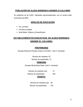 31
POBLACIÓN DE ALDEA BARRANCA GRANDE El CALVARIO
Su población es de 5,000 habitantes aproximadamente, con un número total
de familias de 2000.
NIVELES DE EDUCACIÓN
 Pre primaria
 Primaria completa
 Nivel Medio (Básico y Diversificado)
ESTABLECIMIENTOS EDUCATIVOS DE ALDEA BARRANCA
GRANDE EL CALVARIO:
PREPRIMARIA
Escuela Oficial de Párvulos Anexa a E.O.R.M. “John F. Kennedy”
Número de maestras: 03
Número de estudiantes: 73
PRIMARIA
Escuela Oficial Rural Mixta “John F. Kennedy”
Número de maestros (as) 14
Número de estudiantes: 335
BASICO:
Número de maestros (as) 06
Número de estudiantes: 149
 