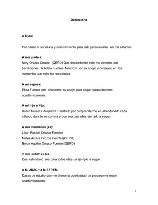 6
Dedicatoria
A Dios:
Por darme la sabiduría y entendimiento para salir perseverante en mis estudios.
A mis padres:
Nery Orozco Orozco (QEPD) Que desde donde este me derrame sus
bendiciones. A Adela Fuentes Mendoza por su apoyo y consejos en los
momentos que más los necesitaba
A mi esposa:
Elida Fuentes por brindarme su apoyo para seguir preparándome
académicamente.
A mi hijo e Hija:
Robin Misael Y Alejandra Elizabeth por comprenderme el abandonado cada
sábado durante mi carrera y que sea para ellos ejemplo a seguir.
A mis hermanos (as):
Lilian Rosibel Orozco Fuentes
Melva Andina Orozco Fuentes(QEPD)
Byron Aguileo Orozco Fuentes(QEPD)
A mis sobrinos (as)
Que este triunfo sea para todos ellos un ejemplo a seguir
A la USAC y a la EFPEM
Casas de estudio que me dieron la oportunidad de prepararme mejor
académicamente.
 