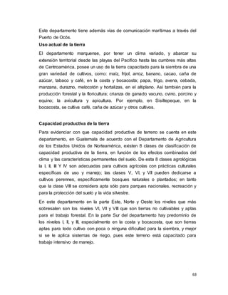 63
Este departamento tiene además vías de comunicación marítimas a través del
Puerto de Ocós.
Uso actual de la tierra
El departamento marquense, por tener un clima variado, y abarcar su
extensión territorial desde las playas del Pacífico hasta las cumbres más altas
de Centroamérica, posee un uso de la tierra capacitado para la siembra de una
gran variedad de cultivos, como: maíz, frijol, arroz, banano, cacao, caña de
azúcar, tabaco y café, en la costa y bocacosta; papa, trigo, avena, cebada,
manzana, durazno, melocotón y hortalizas, en el altiplano. Así también para la
producción forestal y la floricultura; crianza de ganado vacuno, ovino, porcino y
equino; la avicultura y apicultura. Por ejemplo, en Sisiltepeque, en la
bocacosta, se cultiva café, caña de azúcar y otros cultivos.
Capacidad productiva de la tierra
Para evidenciar con que capacidad productiva de terreno se cuenta en este
departamento, en Guatemala de acuerdo con el Departamento de Agricultura
de los Estados Unidos de Norteamérica, existen 8 clases de clasificación de
capacidad productiva de la tierra, en función de los efectos combinados del
clima y las características permanentes del suelo. De esta 8 clases agrológicas
la I, II, III Y IV son adecuadas para cultivos agrícolas con prácticas culturales
específicas de uso y manejo; las clases V, VI, y VII pueden dedicarse a
cultivos perennes, específicamente bosques naturales o plantados; en tanto
que la clase VIII se considera apta sólo para parques nacionales, recreación y
para la protección del suelo y la vida silvestre.
En este departamento en la parte Este, Norte y Oeste los niveles que más
sobresalen son los niveles VI, VII y VIII que son tierras no cultivables y aptas
para el trabajo forestal. En la parte Sur del departamento hay predominio de
los niveles I, II, y III, especialmente en la costa y bocacosta, que son tierras
aptas para todo cultivo con poca o ninguna dificultad para la siembra, y mejor
si se le aplica sistemas de riego, pues este terreno está capacitado para
trabajo intensivo de manejo.
 