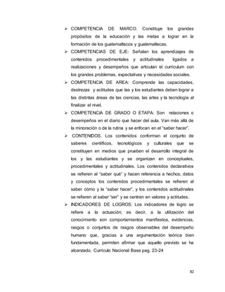 82
 COMPETENCIA DE MARCO. Constituye los grandes
propósitos de la educación y las metas a lograr en la
formación de los guatemaltecos y guatemaltecas.
 COMPETENCIAS DE EJE: Señalan los aprendizajes de
contenidos procedimentales y actitudinales ligados a
realizaciones y desempeños que articulan el curriculum con
los grandes problemas, expectativas y necesidades sociales.
 COMPETENCIA DE AREA: Comprende las capacidades,
destrezas y actitudes que las y los estudiantes deben lograr a
las distintas áreas de las ciencias, las artes y la tecnología al
finalizar el nivel.
 COMPETENCIA DE GRADO O ETAPA: Son relaciones o
desempeños en el diario que hacer del aula. Van más allá de
la minoración o de la rutina y se enfocan en el “saber hacer”.
 CONTENIDOS. Los contenidos conforman el conjunto de
saberes científicos, tecnológicos y culturales que se
constituyen en medios que prueben el desarrollo integral de
los y las estudiantes y se organizan en conceptuales,
procedimentales y actitudinales. Los contenidos declarativos
se refieren al “saber qué” y hacen referencia a hechos, datos
y conceptos los contenidos procedimentales se refieren al
saber cómo y la “saber hacer”, y los contenidos actitudinales
se refieren al saber “ser” y se centran en valores y actitudes.
 INDICADORES DE LOGROS: Los indicadores de logro se
refiere a la actuación; es decir, a la utilización del
conocimiento son comportamientos manifiestos, evidencias,
rasgos o conjuntos de rasgos observables del desempeño
humano que, gracias a una argumentación teórica bien
fundamentada, permiten afirmar que aquello previsto se ha
alcanzado. Curriculo Nacional Base pag. 23-24
 