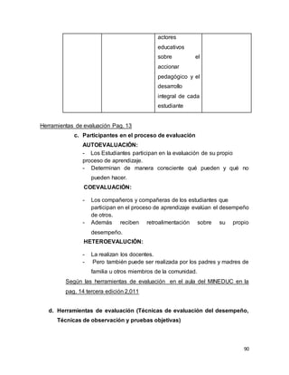 90
actores
educativos
sobre el
accionar
pedagógico y el
desarrollo
integral de cada
estudiante
Herramientas de evaluación Pag. 13
c. Participantes en el proceso de evaluación
d. AUTOEVALUACIÓN:
e. - Los Estudiantes participan en la evaluación de su propio
proceso de aprendizaje.
- Determinan de manera consciente qué pueden y qué no
pueden hacer.
COEVALUACIÓN:
- Los compañeros y compañeras de los estudiantes que
participan en el proceso de aprendizaje evalúan el desempeño
de otros.
- Además reciben retroalimentación sobre su propio
desempeño.
HETEROEVALUCIÓN:
- La realizan los docentes.
- Pero también puede ser realizada por los padres y madres de
familia u otros miembros de la comunidad.
Según las herramientas de evaluación en el aula del MINEDUC en la
pag. 14 tercera edición 2,011C
d. Herramientas de evaluación (Técnicas de evaluación del desempeño,
Técnicas de observación y pruebas objetivas)
 
