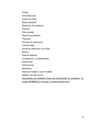 97
Ensayo
Demostraciones
Estudio de casos
Mapa conceptual
Resolución de problemas
Proyecto
Texto paralelo
Situaciones problema
Preguntas
Técnicas de observación
Lista de cotejo
Escala de calificación o de rango
Rúbrica
Pruebas objetivas
Completación o completamiento
Pareamiento
Ordenamiento
Alternativas
Selección múltiple u opción múltiple
Multiítem de base común
Herramientas de evaluación Según las herramientas de evaluación en
el aula del MINEDUC en la pag. 17 tercera edición 2,011C
 