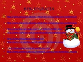 BIBLIOGRAFÍA  http://www.educacion.objectis.net/primer-ciclo/produccion-academica/enfoque/ENFOQUE2.doc/view   http://www.educacion.objectis.net/primer-ciclo/produccion-academica/apuesta-didactica/texto1cicloinicial.doc/view   http://colombia.indymedia.org/news/2006/05/43881.php   http://www.mailxmail.com/curso-desarrollo-pensamiento-pedagogia/pedagogia-cocneptual-introduccion   http://www.pedagogiaconceptual.com/   http://www.monografias.com/trabajos21/pedagogia-conceptual/pedagogia-conceptual.shtml      http://pedagogiaconceptual.wordpress.com/   http://www.javeriana.edu.co/universitas_scientiarum/universitas_docs/vol10esp/5-V10HERRAMIENTAS.pdf   