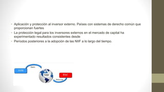 • Aplicación y protección al inversor externo. Países con sistemas de derecho común que
proporcionan fuertes
• La protección legal para los inversores externos en el mercado de capital ha
experimentado resultados consistentes desde
• Períodos posteriores a la adopción de las NIIF a lo largo del tiempo.
 