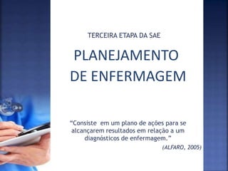 PLANEJAMENTO
DE ENFERMAGEM
TERCEIRA ETAPA DA SAE
“Consiste em um plano de ações para se
alcançarem resultados em relação a um
diagnósticos de enfermagem.”
(ALFARO, 2005)
 