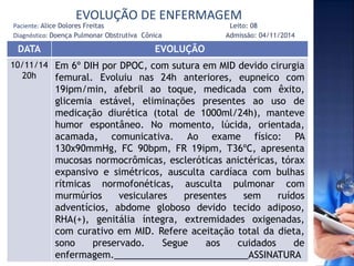 EVOLUÇÃO DE ENFERMAGEM
DATA EVOLUÇÃO
10/11/14
20h
Em 6º DIH por DPOC, com sutura em MID devido cirurgia
femural. Evoluiu nas 24h anteriores, eupneico com
19ipm/min, afebril ao toque, medicada com êxito,
glicemia estável, eliminações presentes ao uso de
medicação diurética (total de 1000ml/24h), manteve
humor espontâneo. No momento, lúcida, orientada,
acamada, comunicativa. Ao exame físico: PA
130x90mmHg, FC 90bpm, FR 19ipm, T36ºC, apresenta
mucosas normocrômicas, escleróticas anictéricas, tórax
expansivo e simétricos, ausculta cardíaca com bulhas
rítmicas normofonéticas, ausculta pulmonar com
murmúrios vesiculares presentes sem ruídos
adventícios, abdome globoso devido tecido adiposo,
RHA(+), genitália íntegra, extremidades oxigenadas,
com curativo em MID. Refere aceitação total da dieta,
sono preservado. Segue aos cuidados de
enfermagem.__________________________ASSINATURA
Paciente: Alice Dolores Freitas Leito: 08
Diagnóstico: Doença Pulmonar Obstrutiva Cônica Admissão: 04/11/2014
 