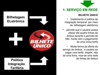 Bilhetagem ELetrônica Política Integração  Tarifária Implementa a política de integração temporal  por meio da  bilhetagem eletrônica permite que o usuário possa utilizar até quatro linhas de ônibus durante o período de três  horas com o pagamento de uma única tarifa Muda forma da oferta do serviço de ônibus,  o usuário ao pagar uma tarifa  dispõe, não de uma linha, mas de uma rede de linhas de ônibus BILHETE ÚNICO 1- SERVIÇO EM REDE  