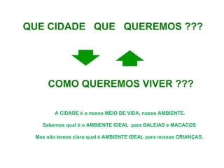 COMO QUEREMOS VIVER ??? QUE CIDADE  QUE  QUEREMOS ??? A CIDADE é o nosso MEIO DE VIDA, nosso AMBIENTE. Sabemos qual é o AMBIENTE IDEAL  para BALEIAS e MACACOS  Mas não temos claro qual é AMBIENTE IDEAL para nossas CRIANÇAS. 