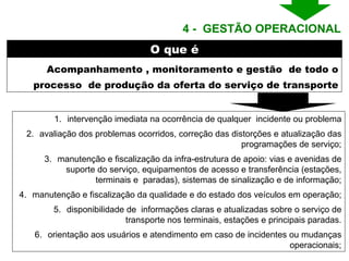intervenção imediata na ocorrência de qualquer  incidente ou problema avaliação dos problemas ocorridos, correção das distorções e atualização das programações de serviço; manutenção e fiscalização da infra-estrutura de apoio: vias e avenidas de suporte do serviço, equipamentos de acesso e transferência (estações, terminais e  paradas), sistemas de sinalização e de informação; manutenção e fiscalização da qualidade e do estado dos veículos em operação; disponibilidade de  informações claras e atualizadas sobre o serviço de transporte nos terminais, estações e principais paradas. orientação aos usuários e atendimento em caso de incidentes ou mudanças operacionais; Acompanhamento , monitoramento e gestão  de todo o processo  de produção da oferta do serviço de transporte 4 -  GESTÃO OPERACIONAL  O que é 
