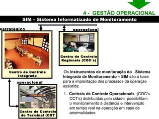 Centro de Controle Regionais (COC´s) estratégico operacional Centro de Controle do Terminal (COT´s) Centro de Controle Integrado operacional SIM – Sistema Informatizado de Monitoramento 1.  Centrais de Controle Operacionais  (COC’s CCT’s) distribuídas pela cidade  possibilitam o monitoramento à distância e intervenção em tempo real na operação em caso de anormalidades Os  instrumentos de monitoração do  Sistema Integrado de Monitoramento – SIM  são a base para a implantação dos processos da operação assistida: 4 -  GESTÃO OPERACIONAL  