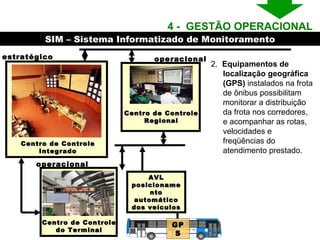AVL posicionamento automático dos veículos GPS Centro de Controle Regional estratégico operacional Centro de Controle do Terminal Centro de Controle Integrado operacional 2.  Equipamentos de localização geográfica (GPS)  instalados na frota de ônibus possibilitam  monitorar a distribuição da frota nos corredores, e acompanhar as rotas, velocidades e freqüências do atendimento prestado. 4 -  GESTÃO OPERACIONAL  SIM – Sistema Informatizado de Monitoramento 