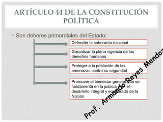 ARTÍCULO 44 DE LA CONSTITUCIÓN
POLÍTICA
• Son deberes primordiales del Estado:
Garantizar la plena vigencia de los
derechos humanos
Defender la soberanía nacional
Proteger a la población de las
amenazas contra su seguridad
Promover el bienestar general que se
fundamenta en la justicia y en el
desarrollo integral y equilibrado de la
Nación.
 