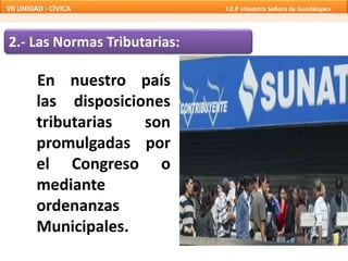 En nuestro país
las disposiciones
tributarias son
promulgadas por
el Congreso o
mediante
ordenanzas
Municipales.
2.- Las Normas Tributarias:
VII UNIDAD - CÍVICA I.E.P «Nuestra Señora de Guadalupe»
 
