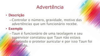 Advertência
• Descrição
–Controlar o número, gravidade, motivo das
advertências que um funcionário recebe.
• Exemplo
–Taun é funcionário de uma tecelagem e seu
supervisor constatou que Taun não estava
utilizando o protetor auricular e por isso Taun foi
advertido.
 