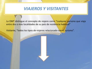 VIAJEROS Y VISITANTESLa OMT distingue el concepto de viajerocomo “cualquier persona queviaja entre dos o máslocalidades de supaís de residencia habitual”Visitante, “todos los tipos de viajerosrelacionado con el turismo”.