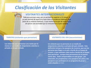 Clasificación de los VisitantesVISITANTESINTERNACIONALESToda persona queviaja, por un período no superior a 12 meses , a un paísdistinto de aquél en el quetienesuresidencia habitual, perofuera de suentorno habitual, y cuyomotivo principal de visita no es de ejercerunaactividadque se remunere en el paísvisitadoTURISTAS (visitantesquepernoctan)VISITANTES DEL DIA (excursionistas)Los visitantesquepernoctanunanochepor lo menos en un medio de alojamientocolectivo o privado en el paísvisitadoUn visitanteque no pernocta en un medio de alojamientocolectivo o privado del paísvisitado.  Estadefiniciónincluye a los pasajros de cruceros, que son las personas quellegan a un país a bordo de un buque de crucero  y quevuelvaencadanoche a bordo de subuqueparapernoctar , aunqueéstepermanezca en el puertovariosdías.  Estáncomprendidos en estegrupo , porextensión, los propietarios o los pasajeros de yates y los pasajerosqueparticipan en un programa de grupo y estánalojadosen tren