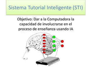 Sistema Tutorial Inteligente (STI)
Objetivo: Dar a la Computadora la
capacidad de involucrarse en el
proceso de enseñanza usando IA
 