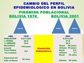 CAMBIO DEL PERFIL
EPIDEMIOLOGICO EN BOLIVIA
PIRÁMIDE POBLACIONAL
BOLIVIA 1976 BOLIVIA 2001
BOLIVIA URBANARURAL
ENFERMEDADES
INFECCIOSAS
ENFERMEDADES
INFECCIOSAS
ENFERMEDADES
CRÓNICAS
Y
DEGENERATIVA
S
CAMBIO PERFIL
EPIFEMIOLOGICO
Red de establecimientos de saludRed de establecimientos de saludRed de establecimientos de saludRed de establecimientos de salud
AÑO 1976
TRANSICIÓN
DEMOGRÁFICA
 
2001
POBLACION 4,211,625 8,274,325
% RURAL 64,6 37,6
% URBANO 35,4 62,4
Mortalidad
Infantil
144 pmnv
Rural 88 pmnv
Urbana 55 pmnv
Tasa Global
Fecundidad
6,5
Rural 6,3
Urbana 3,7
Esperanza de
Vida al Nacer
45 años
Rural 45 años
Urbana 62 años
 
