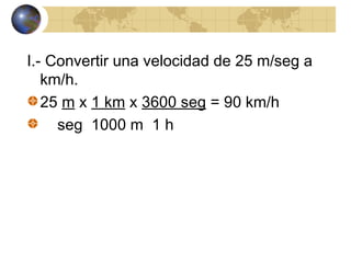 I.- Convertir una velocidad de 25 m/seg a
km/h.
25 m x 1 km x 3600 seg = 90 km/h
seg 1000 m 1 h
 