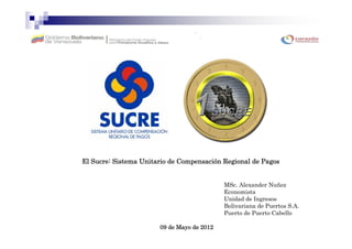 Compensació
El Sucre: Sistema Unitario de Compensación Regional de Pagos


                                            MSc. Alexander Nuñez
                                            Economista
                                            Unidad de Ingresos
                                            Bolivariana de Puertos S.A.
                                            Puerto de Puerto Cabello

                       09 de Mayo de 2012
 
