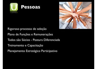 Pessoas



Rigoroso processo de seleção
Plano de Funções e Remunerações
Todos são Sócios - Postura Diferenciada
Treinamento e Capacitação
Planejamento Estratégico Participativo
 