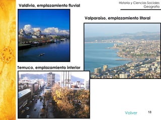 Volver Valdivia, emplazamiento fluvial Valparaíso, emplazamiento litoral Temuco, emplazamiento interior 