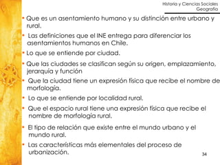 Que es un asentamiento humano y su distinción entre urbano y  rural. Las definiciones que el INE entrega para diferenciar los  asentamientos humanos en Chile. Que las ciudades se clasifican según su origen, emplazamiento, jerarquía y función Que la ciudad tiene un expresión física que recibe el nombre de  morfología. Lo que se entiende por localidad rural.  Que el espacio rural tiene una expresión física que recibe el  nombre de morfología rural. El tipo de relación que existe entre el mundo urbano y el  mundo rural. Lo que se entiende por ciudad. Las características más elementales del proceso de  urbanización. 