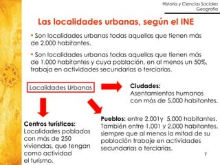 Las localidades urbanas, según el INE Son localidades urbanas todas aquellas que tienen más  de 2.000 habitantes. Son localidades urbanas todas aquellas que tienen más  de 1.000 habitantes y cuya población, en al menos un 50%, trabaja en actividades secundarias o terciarias. Localidades Urbanas Ciudades:   Asentamientos humanos con más de 5.000 habitantes. Pueblos:  entre 2.001y  5.000 habitantes. También entre 1.001 y 2.000 habitantes, siempre que al menos la mitad de su  población trabaje en actividades  secundarias o terciarias. Centros turísticos: Localidades pobladas con más de 250  viviendas, que tengan como actividad  el turismo. 