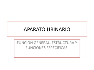 APARATO URINARIO
FUNCION GENERAL, ESTRUCTURA Y
FUNCIONES ESPECIFICAS.
 