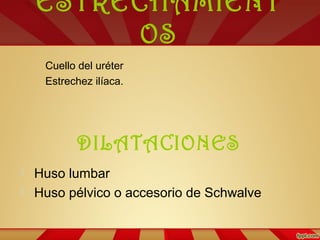 ESTRECHAMIENT
OS
Cuello del uréter
Estrechez ilíaca.
DILATACIONES
 Huso lumbar
 Huso pélvico o accesorio de Schwalve
 