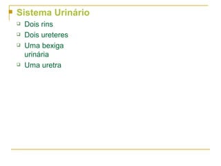    Sistema Urinário
       Dois rins
       Dois ureteres
       Uma bexiga
        urinária
       Uma uretra
 