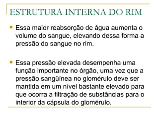 ESTRUTURA INTERNA DO RIM
   Essa maior reabsorção de água aumenta o
    volume do sangue, elevando dessa forma a
    pressão do sangue no rim.

   Essa pressão elevada desempenha uma
    função importante no órgão, uma vez que a
    pressão sangüínea no glomérulo deve ser
    mantida em um nível bastante elevado para
    que ocorra a filtração de substâncias para o
    interior da cápsula do glomérulo.
 
