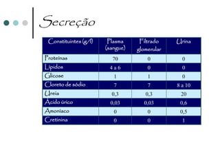 Secreção
 Constituintes (g/l)    Plasma     Filtrado    Urina
                       (sangue)   glomerular
Proteínas                70           0          0
Lípidos                 4a6           0          0
Glicose                   1           1          0
Cloreto de sódio          7           7        8 a 10
Ureia                    0,3         0,3        20
Ácido úrico              0,03       0,03        0,6
Amoníaco                  0           0         0,5
Cretinina                 0           0          1
 