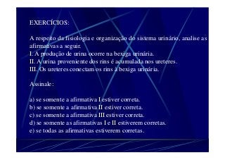 EXERCÍCIOS:
A respeito da fisiologia e organização do sistema urinário, analise as
afirmativas a seguir.
I. A produção de urina ocorre na bexiga urinária.
II. A urina proveniente dos rins é acumulada nos ureteres.
III. Os ureteres conectam os rins à bexiga urinária.
Assinale:
a) se somente a afirmativa I estiver correta.
b) se somente a afirmativa II estiver correta.
c) se somente a afirmativa III estiver correta.
d) se somente as afirmativas I e II estiverem corretas.
e) se todas as afirmativas estiverem corretas.
 