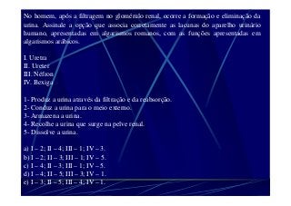 No homem, após a filtragem no glomérulo renal, ocorre a formação e eliminação da
urina. Assinale a opção que associa corretamente as lacunas do aparelho urinário
humano, apresentadas em algarismos romanos, com as funções apresentadas em
algarismos arábicos.
I. Uretra
II. Ureter
III. Néfron
IV. Bexiga
1- Produz a urina através da filtração e da reabsorção.
2- Conduz a urina para o meio externo.
3- Armazena a urina.
4- Recolhe a urina que surge na pelve renal.
5- Dissolve a urina.
a) I – 2; II – 4; III – 1; IV – 3.
b) I – 2; II – 3; III – 1; IV – 5.
c) I – 4; II – 3; III – 1; IV – 5.
d) I – 4; II – 5; III – 3; IV – 1.
e) I – 3; II – 5; III – 4; IV – 1.
 