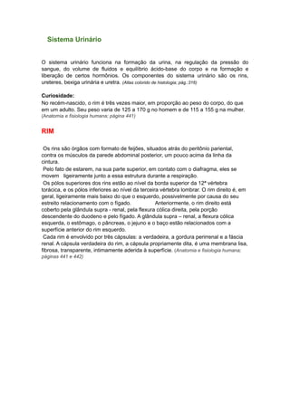 Sistema Urinário
O sistema urinário funciona na formação da urina, na regulação da pressão do
sangue, do volume de fluidos e equilíbrio ácido-base do corpo e na formação e
liberação de certos hormônios. Os componentes do sistema urinário são os rins,
ureteres, bexiga urinária e uretra. (Atlas colorido de histologia; pág.:316)
Curiosidade:
No recém-nascido, o rim é três vezes maior, em proporção ao peso do corpo, do que
em um adulto. Seu peso varia de 125 a 170 g no homem e de 115 a 155 g na mulher.
(Anatomia e fisiologia humana; página 441)

RIM
Os rins são órgãos com formato de feijões, situados atrás do peritônio pariental,
contra os músculos da parede abdominal posterior, um pouco acima da linha da
cintura.
Pelo fato de estarem, na sua parte superior, em contato com o diafragma, eles se
movem ligeiramente junto a essa estrutura durante a respiração.
Os pólos superiores dos rins estão ao nível da borda superior da 12ª vértebra
torácica, e os pólos inferiores ao nível da terceira vértebra lombrar. O rim direito é, em
geral, ligeiramente mais baixo do que o esquerdo, possivelmente por causa do seu
estreito relacionamento com o fígado.
Anteriormente, o rim direito está
coberto pela glândula supra - renal, pela flexura cólica direita, pela porção
descendente do duodeno e pelo fígado. A glândula supra – renal, a flexura cólica
esquerda, o estômago, o pâncreas, o jejuno e o baço estão relacionados com a
superfície anterior do rim esquerdo.
Cada rim é envolvido por três cápsulas: a verdadeira, a gordura perirrenal e a fáscia
renal. A cápsula verdadeira do rim, a cápsula propriamente dita, é uma membrana lisa,
fibrosa, transparente, intimamente aderida à superfície. (Anatomia e fisiologia humana;
páginas 441 e 442)

 