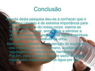 Conclusão
Através desta pesquisa deu-se a conhecer que o
Sistema Urinário é de extrema importância para
o funcionamento do nosso corpo exerce as
funções de produzir, armanezar e eliminar a
urina, eliminando o excesso de água e resíduos
do corpo humano, através da urina.
Além disso, garante a manutenção do equilíbrio
dos minerais no corpo humano, auxiliando a
regulagem de produção das hemácias.
Por fim, para mantê-lo sempre sadio devemos
ingerir pelo menos 2 litros de água por dia.
 