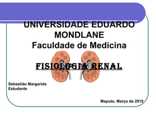 Sebastião Margarida
Estudante
Maputo, Março de 2015
UNIVERSIDADE EDUARDO
MONDLANE
Faculdade de Medicina
FISIOLOGIA RENAL
 