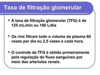 Taxa de filtração glomerular
 A taxa de filtração glomerular (TFG) é de
125 mL/min ou 180 L/dia
 Os rins filtram todo o volume de plasma 60
vezes por dia ou 2,5 vezes a cada hora.
 O controle da TFG é obtido primeiramente
pela regulação do fluxo sanguíneo por
meio das arteríolas renais.
 
