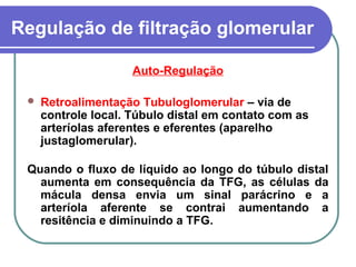 Regulação de filtração glomerular
Auto-Regulação
 Retroalimentação Tubuloglomerular – via de
controle local. Túbulo distal em contato com as
arteríolas aferentes e eferentes (aparelho
justaglomerular).
Quando o fluxo de líquido ao longo do túbulo distal
aumenta em consequência da TFG, as células da
mácula densa envia um sinal parácrino e a
arteríola aferente se contrai aumentando a
resitência e diminuindo a TFG.
 