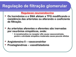 Regulação de filtração glomerular
Regulacao neuroendocrina
 Os hormônios e o SNA afetam a TFG modificando a
resistência das arteríolas ou alterando o coeficiente
de filtração.
 As arteríolas aferentes e eferentes são inervadas
por neurônios simpáticos, onde:
 A noradrenalina no receptor alfa causa vasoconstrição,
porém a atividade simpática moderada causa poucos efeitos
 Angiotensina II – vasoconstritor
 Prostaglandinas – vasodilatadores
 