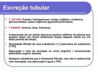 Excreção tubular
 T. ACTIVO: Potasio, hidrogeniones, Uratos, fodfatos, creatinina,
glucoronidatos, bases orgánicas (guanidina),fármacos.
 T.PASIVO: Amonio, Urea, Fármacos
• A depuração de um soluto descreve quantos mililitros de plasma que
passam pelos rins foram totalmente limpos daquele soluto em um
dado período de tempo.
• Quantidade filtrada de uma substância = [ ] plasmáica da substância
X TFG
• Depuração = taxa de excreção na urina (mg/min) / concentração
plasmática (mg/mL plasma)
• Qualquer substância que é livremente filtrada, mas não é reabsorvida
nem secretada, sua depuração é igual a TFG.
 
