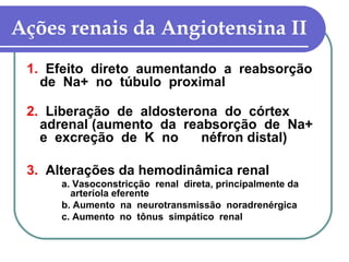 Ações renais da Angiotensina II
1. Efeito direto aumentando a reabsorção
de Na+ no túbulo proximal
2. Liberação de aldosterona do córtex
adrenal (aumento da reabsorção de Na+
e excreção de K no néfron distal)
3. Alterações da hemodinâmica renal
a. Vasoconstricção renal direta, principalmente da
arteríola eferente
b. Aumento na neurotransmissão noradrenérgica
c. Aumento no tônus simpático renal
 
