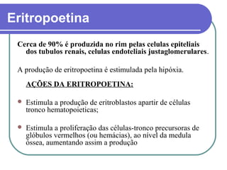 Eritropoetina
Cerca de 90% é produzida no rim pelas celulas epiteliais
dos tubulos renais, celulas endoteliais justaglomerulares.
A produção de eritropoetina é estimulada pela hipóxia.
AÇÕES DA ERITROPOETINA:
 Estimula a produção de eritroblastos apartir de células
tronco hematopoieticas;
 Estimula a proliferação das células-tronco precursoras de
glóbulos vermelhos (ou hemácias), ao nível da medula
óssea, aumentando assim a produção
 
