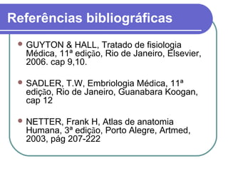 Referências bibliográficas
 GUYTON & HALL, Tratado de fisiologia
Médica, 11ª edição, Rio de Janeiro, Elsevier,
2006. cap 9,10.
 SADLER, T.W, Embriologia Médica, 11ª
edição, Rio de Janeiro, Guanabara Koogan,
cap 12
 NETTER, Frank H, Atlas de anatomia
Humana, 3ª edição, Porto Alegre, Artmed,
2003, pág 207-222
 
